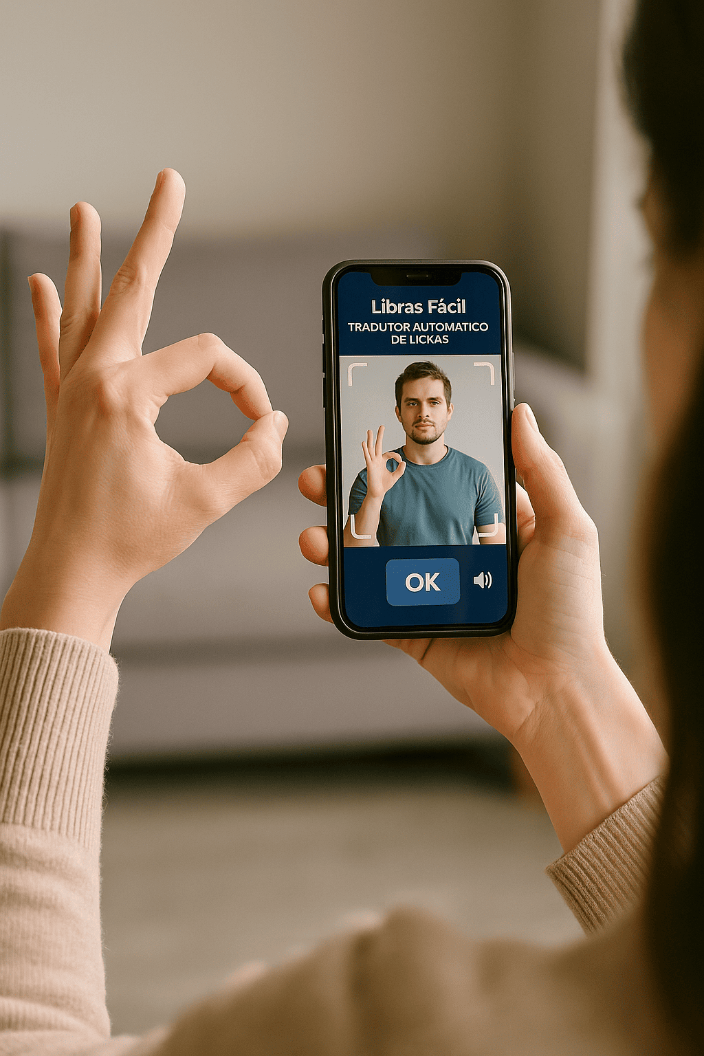 Aplicativo Libras Fácil demonstrando tradução em tempo real de linguagem de sinais para texto e voz.