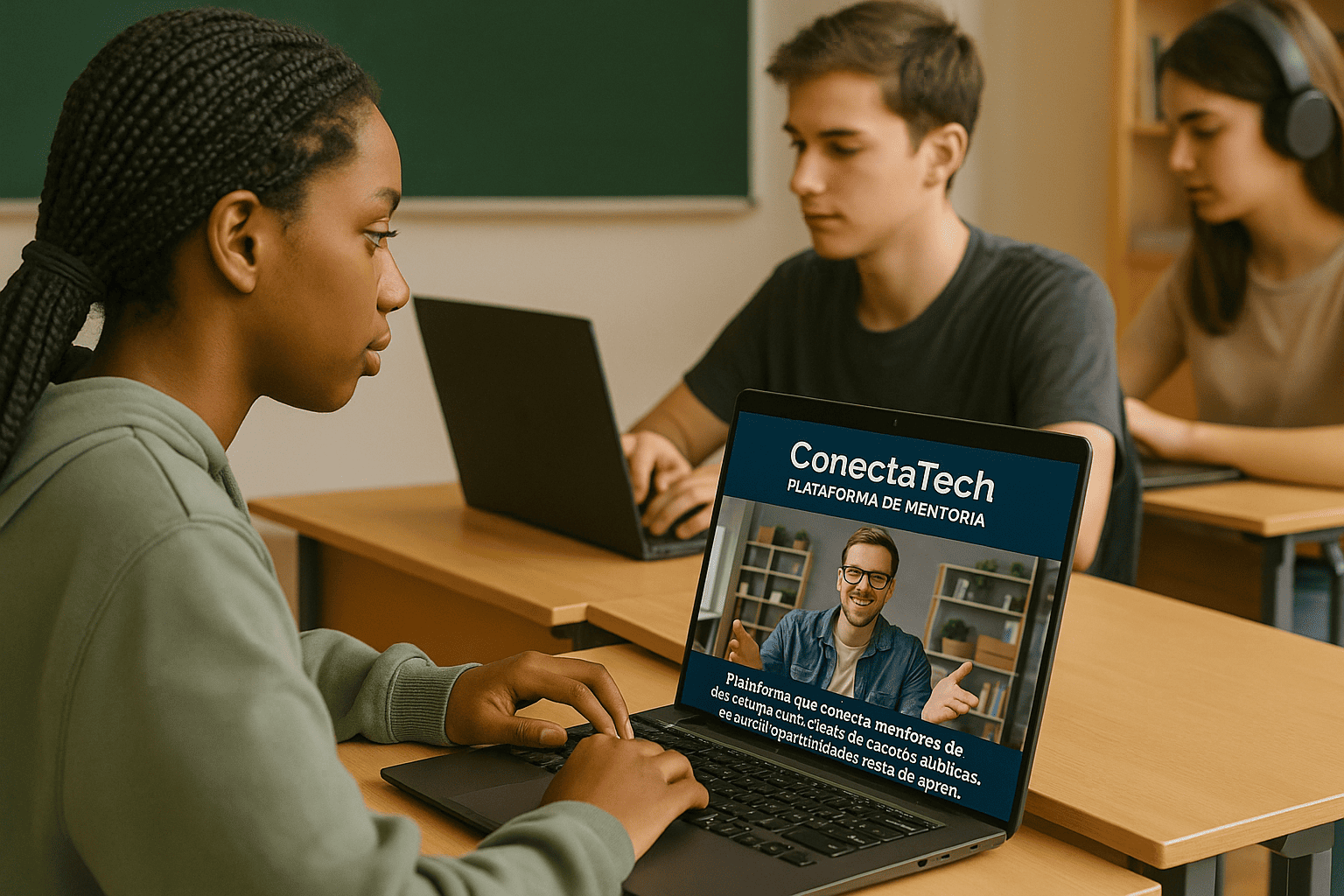 Estudantes interagindo com mentores de tecnologia através da plataforma ConectaTech.