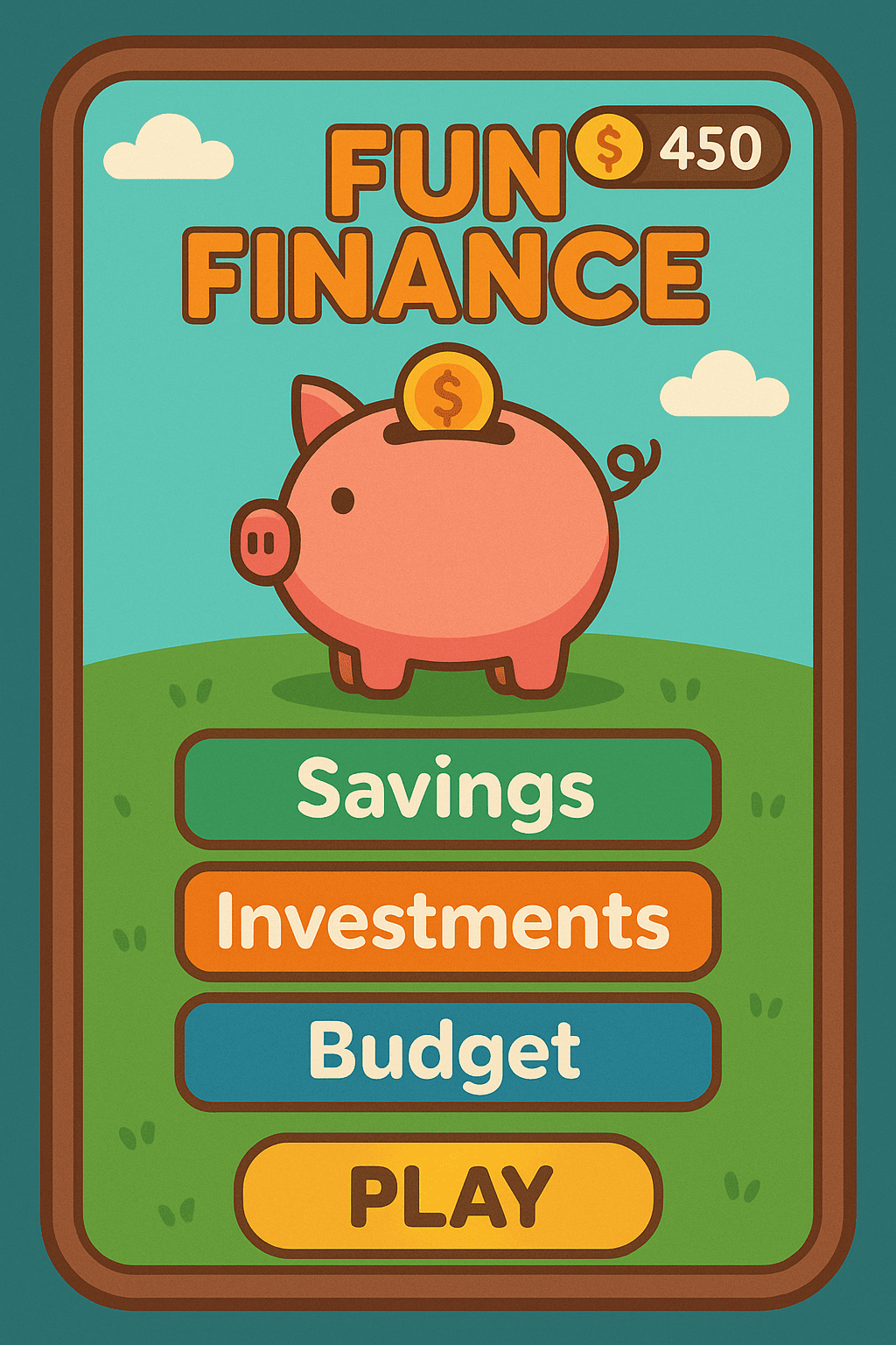 Interface colorida do jogo Finanças Divertidas mostrando lições de economia e gestão financeira infantil.