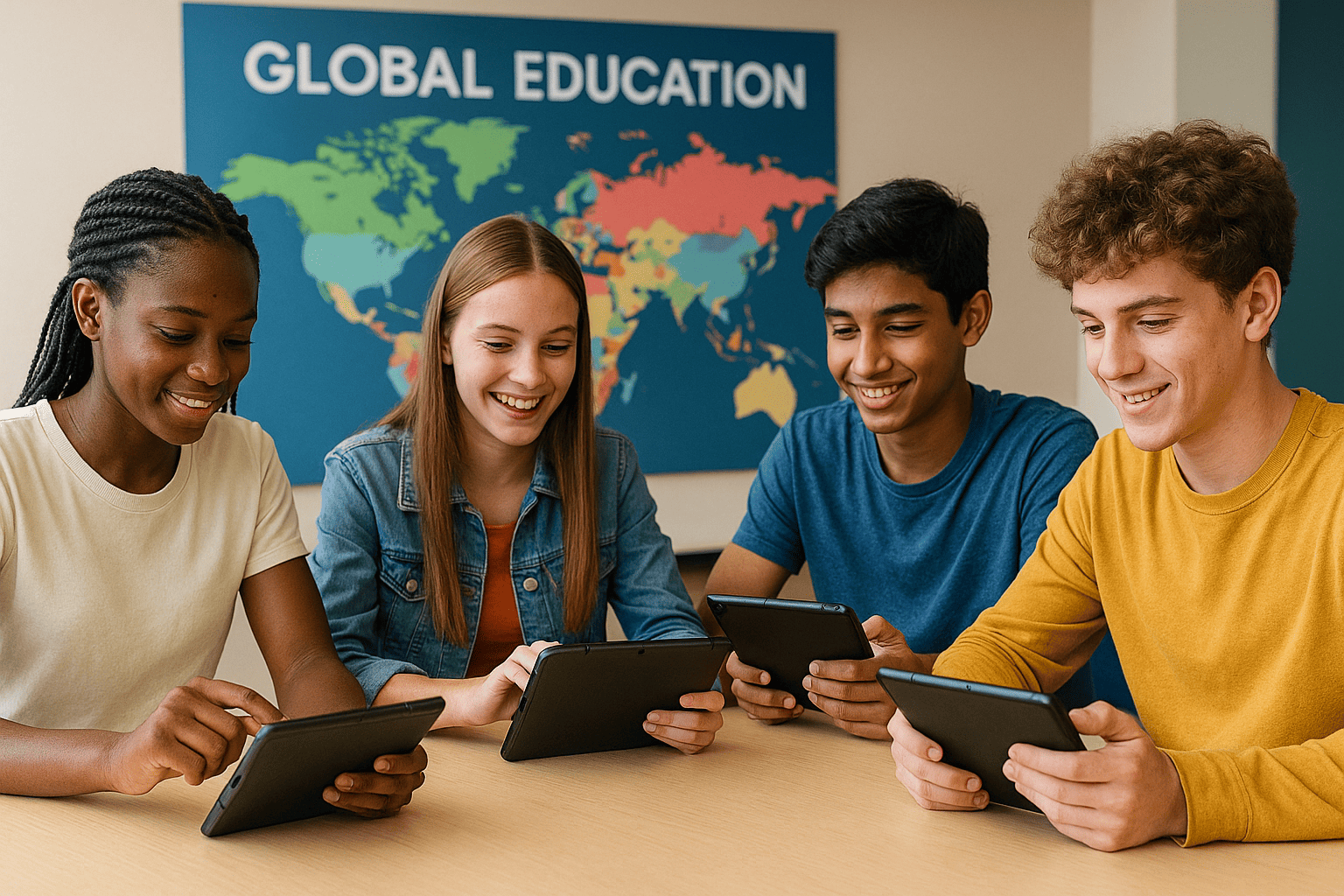 Alunos usando a plataforma GlobalMind em uma sala de aula moderna com foco em cidadania digital.